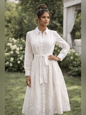 NWT Fashion Nova White Eyelet Shirt Dress Belted Button Front Midi Long Sleeve